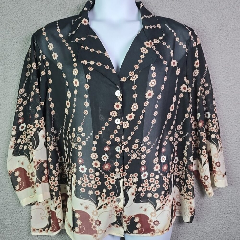 Molly Grace Brown Floral Sheer Slit Sleeve Shell Button Blouse 2X Bohemian